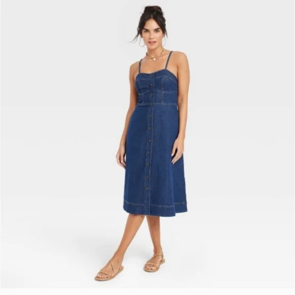 Universal Thread Denim Midi Corset Dress Dark Wash - Picture 1 of 8
